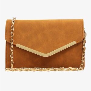Brown Clutch Purse Gold Trim - Faux Suede